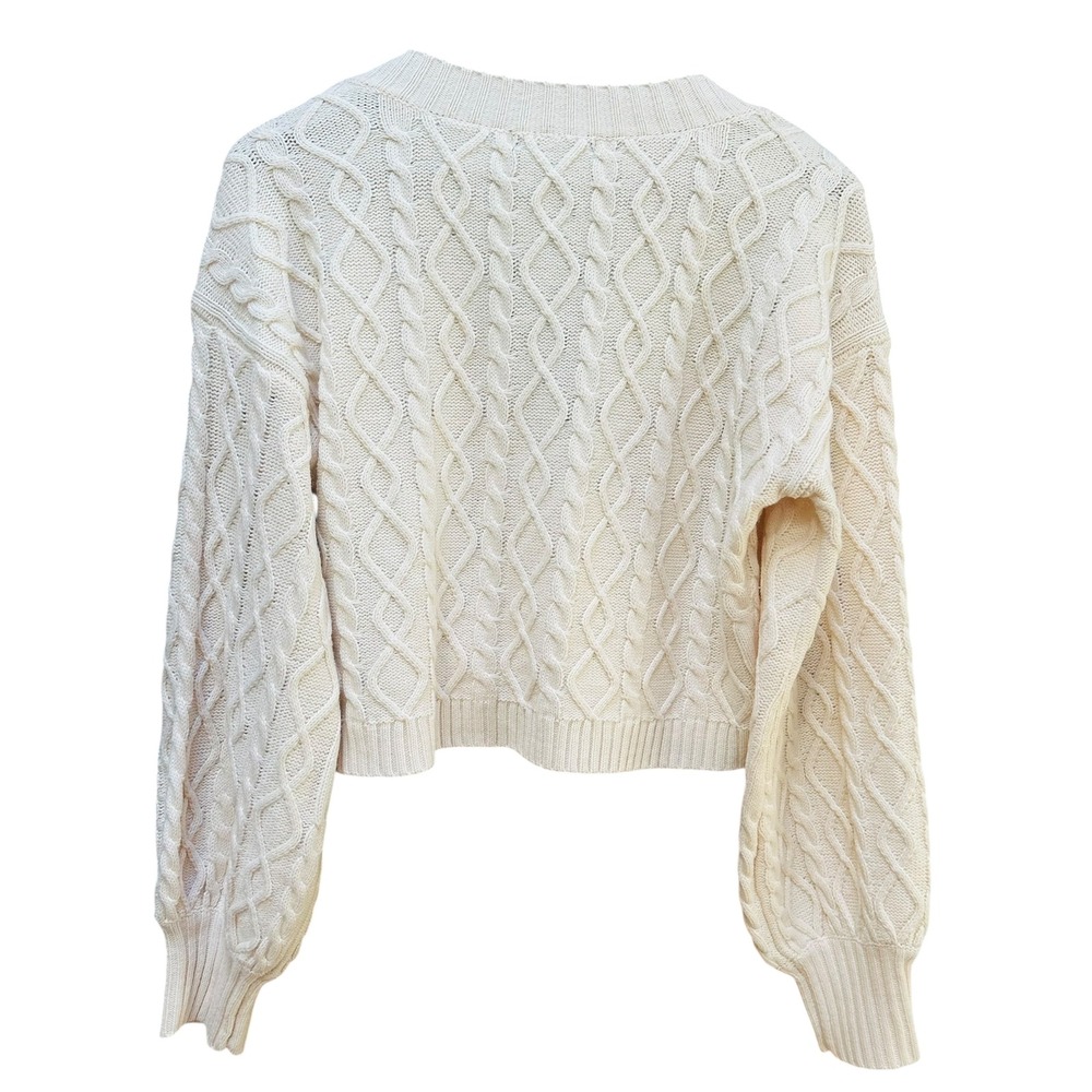 Lulus Cardigan Cropped Sweater Cream Fisherman Cable Knit Cottage Academia M - Picture 3 of 5